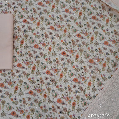 Peachish pink floral printed glazed cotton unstitched salwar material (lining needed) self embroidery andsequins work on front,matching cotton bottom, embroidery and sequins work on mul cotton dupatta with scallop borders.(TAPING NEEDED) AP262219