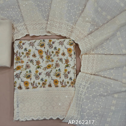 Light beige floral printed glazed cotton unstitched salwar material (lining needed) self embroidery and sequins work on front,matching cotton bottom, embroidery and sequins work on mul cotton dupatta with scallop borders.(TAPING NEEDED) AP262217
