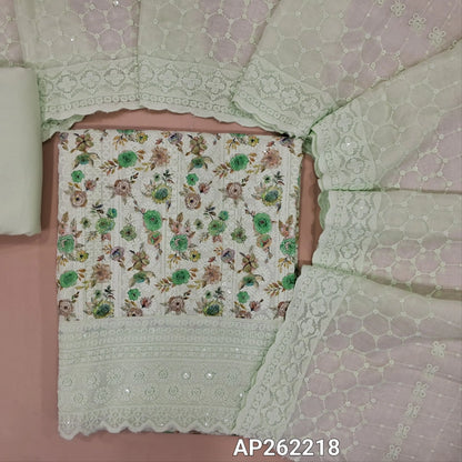 Pastel green floral printed glazed cotton unstitched salwar material (lining needed) self embroidery andsequins work on front,matching cotton bottom, embroidery and sequins work on mul cotton dupatta with scallop borders.(TAPING NEEDED) AP262218