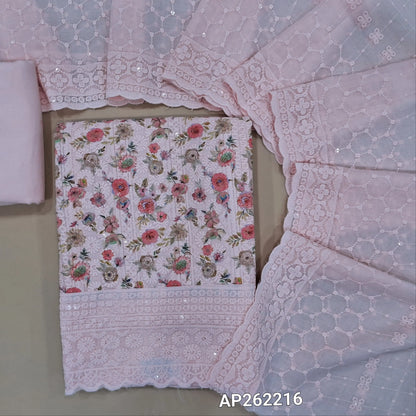 Pastel pink floral printed glazed cotton unstitched salwar material (lining needed) self embroidery and sequins work on front,matching cotton bottom, embroidery and sequins work on mul cotton dupatta with scallop borders.(TAPING NEEDED) AP262216