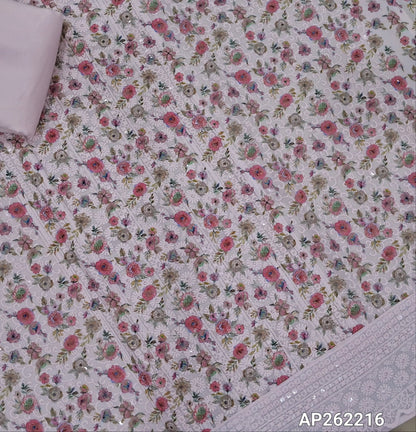Pastel pink floral printed glazed cotton unstitched salwar material (lining needed) self embroidery and sequins work on front,matching cotton bottom, embroidery and sequins work on mul cotton dupatta with scallop borders.(TAPING NEEDED) AP262216