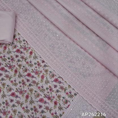 Pastel pink floral printed glazed cotton unstitched salwar material (lining needed) self embroidery and sequins work on front,matching cotton bottom, embroidery and sequins work on mul cotton dupatta with scallop borders.(TAPING NEEDED) AP262216