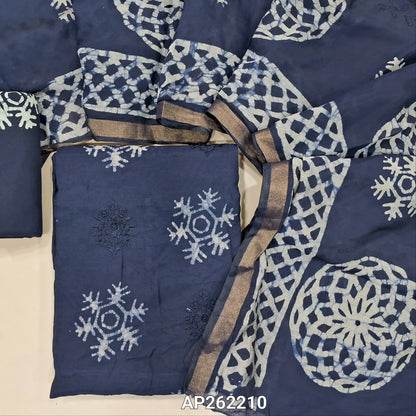 Dark blue premium silk cotton unstitched salwar material(lining needed)self embroidery work on front, batik design all over, wax batik cotton bottom, self embroidery and batik design on silk cotton dupatta with tissue borders.AP262210