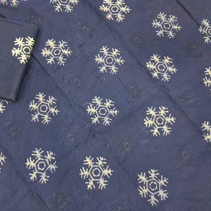 Dark blue premium silk cotton unstitched salwar material(lining needed)self embroidery work on front, batik design all over, wax batik cotton bottom, self embroidery and batik design on silk cotton dupatta with tissue borders.AP262210
