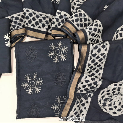 Black premium silk cotton unstitched salwar material(lining needed)self embroidery work on front, batik design all over, wax batik cotton bottom, self embroidery and batik design on silk cotton dupatta with tissue borders.AP262212
