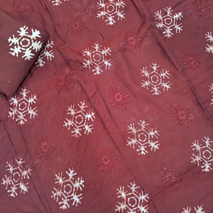 Dark maroon premium silk cotton unstitched salwar material(lining needed)self embroidery work on front, batik design all over, wax batik cotton bottom, self embroidery and batik design on silk cotton dupatta with tissue borders.AP262209