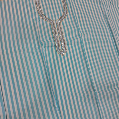 Pastel blue vertical printed pure soft cotton unstitched salwar material, sugar bead, faux mirror and cut work on yoke, (lining needed)drum dyed cotton fabric provided for lining, NO BOTTOM,shibori dyed pure chiffon dupatta. AP262203