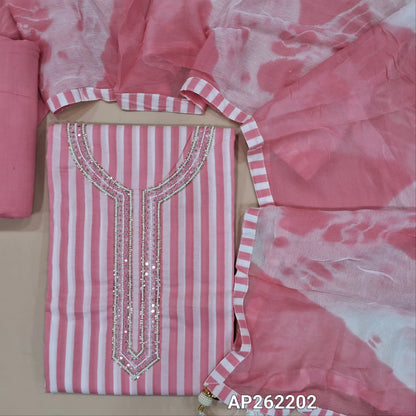 Pastel pink vertical printed pure soft cotton unstitched salwar material, sugar bead, faux mirror and cut work on yoke, (lining needed)drum dyed cotton fabric provided for lining, NO BOTTOM,shibori dyed pure chiffon dupatta. AP262202