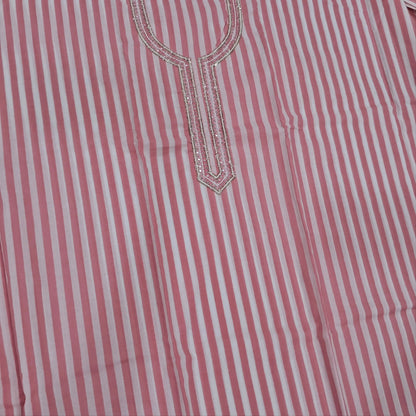 Pastel pink vertical printed pure soft cotton unstitched salwar material, sugar bead, faux mirror and cut work on yoke, (lining needed)drum dyed cotton fabric provided for lining, NO BOTTOM,shibori dyed pure chiffon dupatta. AP262202