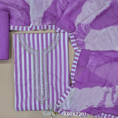 Light purple vertical printed pure soft cotton unstitched salwar material, sugar bead, faux mirror and cut work on yoke, (lining needed)drum dyed cotton fabric provided for lining, NO BOTTOM,shibori dyed pure chiffon dupatta. AP262201