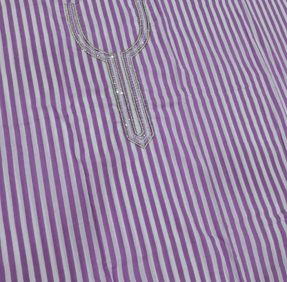 Light purple vertical printed pure soft cotton unstitched salwar material, sugar bead, faux mirror and cut work on yoke, (lining needed)drum dyed cotton fabric provided for lining, NO BOTTOM,shibori dyed pure chiffon dupatta. AP262201