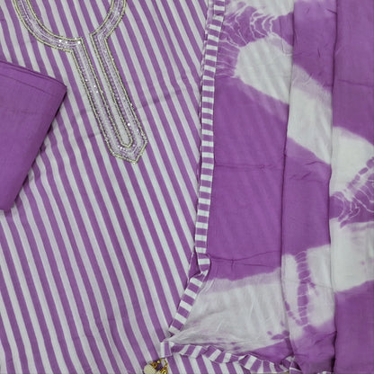 Light purple vertical printed pure soft cotton unstitched salwar material, sugar bead, faux mirror and cut work on yoke, (lining needed)drum dyed cotton fabric provided for lining, NO BOTTOM,shibori dyed pure chiffon dupatta. AP262201