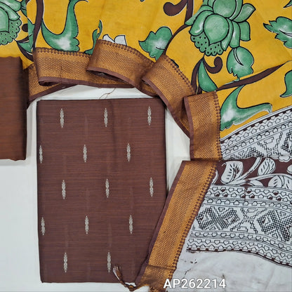 Dark brown premium raw silk unstitched salwar material,thread weaving buttas all over, (textured, Lining needed) matching silk cotton bottom, pen kalamkari chennuri silk dupatta with nizam borders (INCONSISTENT STAINS ARE NOT DEFECTS). AP262214