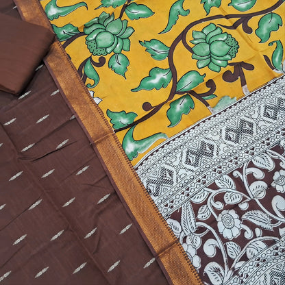 Dark brown premium raw silk unstitched salwar material,thread weaving buttas all over, (textured, Lining needed) matching silk cotton bottom, pen kalamkari chennuri silk dupatta with nizam borders (INCONSISTENT STAINS ARE NOT DEFECTS). AP262214