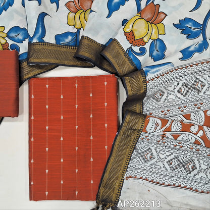 Rust orange premium raw silk unstitched salwar material,thread weaving buttas all over, (textured, Lining needed) matching silk cotton bottom, pen kalamkari chennuri silk dupatta with nizam borders (INCONSISTENT STAINS ARE NOT DEFECTS). AP262213