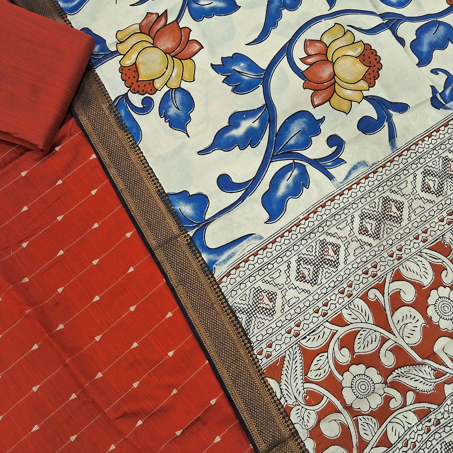 Rust orange premium raw silk unstitched salwar material,thread weaving buttas all over, (textured, Lining needed) matching silk cotton bottom, pen kalamkari chennuri silk dupatta with nizam borders (INCONSISTENT STAINS ARE NOT DEFECTS). AP262213