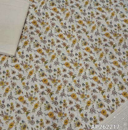 Light beige floral printed glazed cotton unstitched salwar material (lining needed) self embroidery and sequins work on front,matching cotton bottom, embroidery and sequins work on mul cotton dupatta with scallop borders.(TAPING NEEDED) AP262217