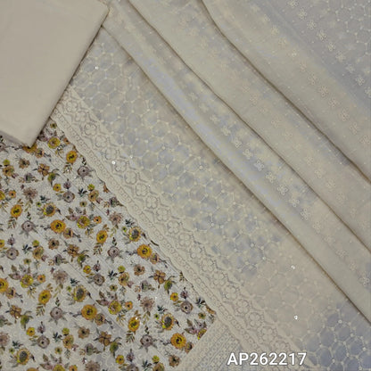 Light beige floral printed glazed cotton unstitched salwar material (lining needed) self embroidery and sequins work on front,matching cotton bottom, embroidery and sequins work on mul cotton dupatta with scallop borders.(TAPING NEEDED) AP262217