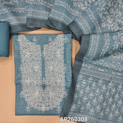 Light denim blue jute silk unstitched salwar material,thread embroidery work on yoke, self woven design all over, (thin,lining needed)spun cotton bottom,digital printed jute silk dupatta. AP262308