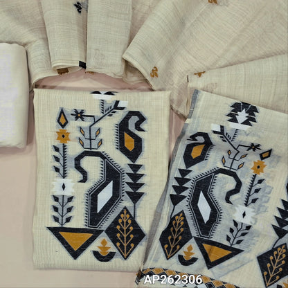 Rich beige silk cotton unstitched salwar material,thread woven buttas on front,thread weaving on yoke and daman,(Silky, Lining Needed)silky bottom, thread woven buttas on silk cotton dupatta with thread weaving pallu(TAPPING NEEDED). AP262306