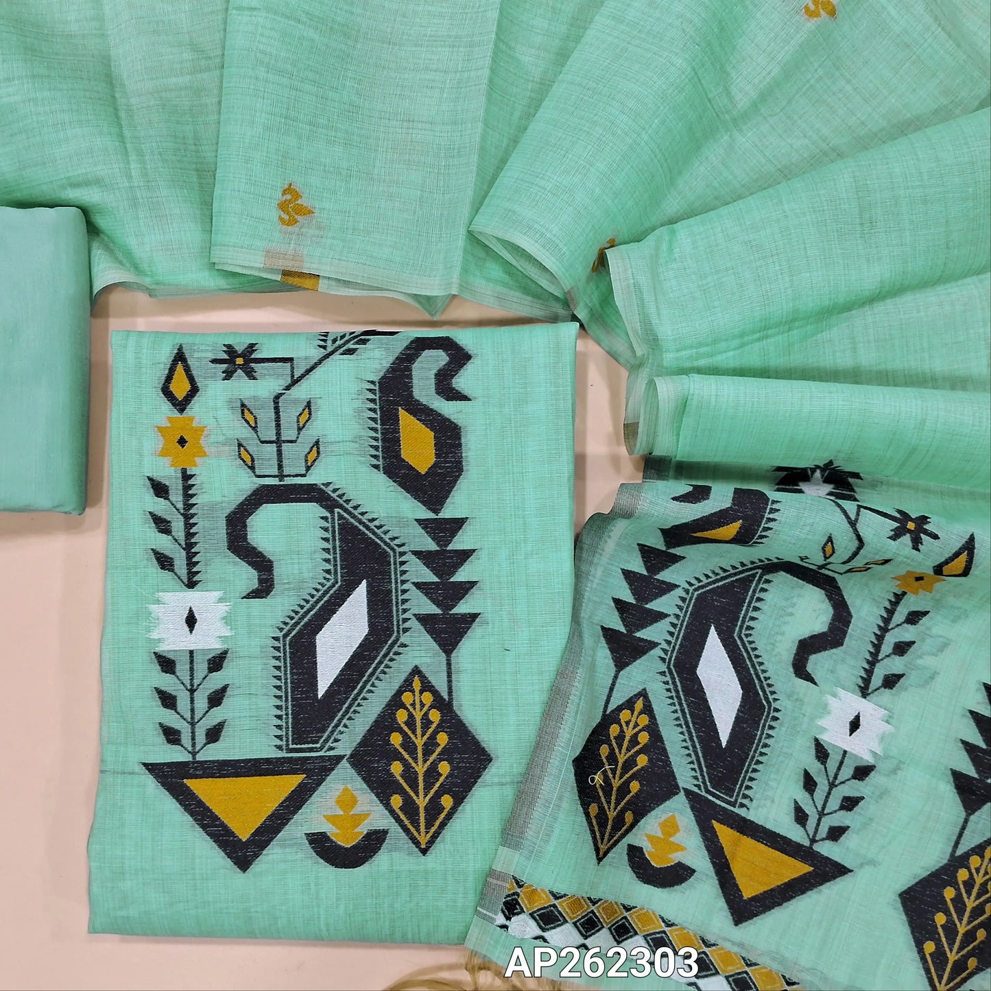 Pastel blue silk cotton unstitched salwar material,thread woven buttas on front,thread weaving on yoke and daman,(Silky, Lining Needed)silky bottom, thread woven buttas on silk cotton dupatta with thread weaving pallu(TAPPING NEEDED). AP262303