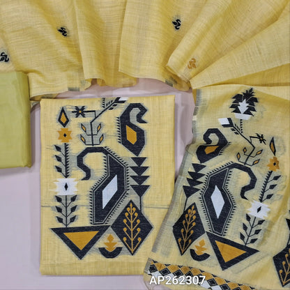Pastel yellow silk cotton unstitched salwar material,thread woven buttas on front,thread weaving on yoke and daman,(Silky, Lining Needed)silky bottom, thread woven buttas on silk cotton dupatta with thread weaving pallu(TAPPING NEEDED). AP262307