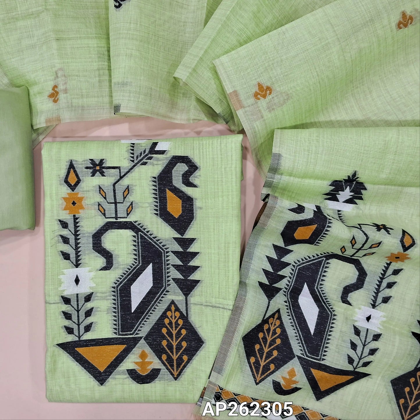 Pastel green silk cotton unstitched salwar material,thread woven buttas on front,thread weaving on yoke and daman,(Silky, Lining Needed)silky bottom, thread woven buttas on silk cotton dupatta with thread weaving pallu(TAPPING NEEDED). AP262305