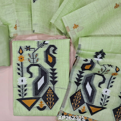 Pastel green silk cotton unstitched salwar material,thread woven buttas on front,thread weaving on yoke and daman,(Silky, Lining Needed)silky bottom, thread woven buttas on silk cotton dupatta with thread weaving pallu(TAPPING NEEDED). AP262305