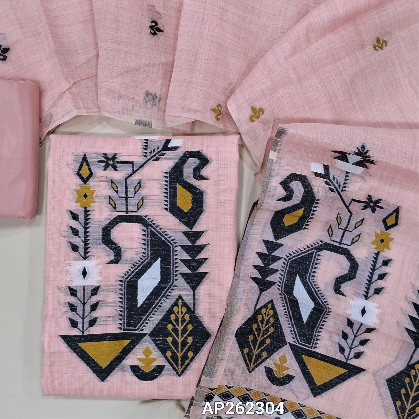 Pastel pink silk cotton unstitched salwar material,thread woven buttas on front,thread weaving on yoke and daman,(Silky, Lining Needed)silky bottom, thread woven buttas on silk cotton dupatta with thread weaving pallu(TAPPING NEEDED). AP262304