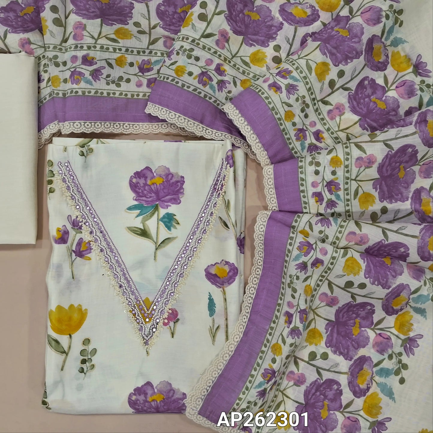 Off white base floral printed premium muslin chanderi unstitched salwar material,V neck with sugar bead and faux mirror work,(PURPLE)(lining needed)santoon bottom,floral printed on muslin chanderi dupatta with lace tapping. AP262301