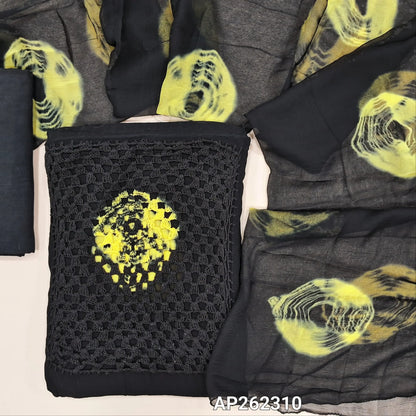 Black shibori dyed crepe georgette unstitched salwar material, hand crochet work and shibori dyed on yoke(YELLOW)(lining needed)santoon bottom, shibori dyed premium chiffon dupatta. AP262310