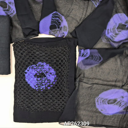 Black shibori dyed crepe georgette unstitched salwar material, hand crochet work and shibori dyed on yoke(BLUE)(lining needed)santoon bottom, shibori dyed premium chiffon dupatta. AP262309