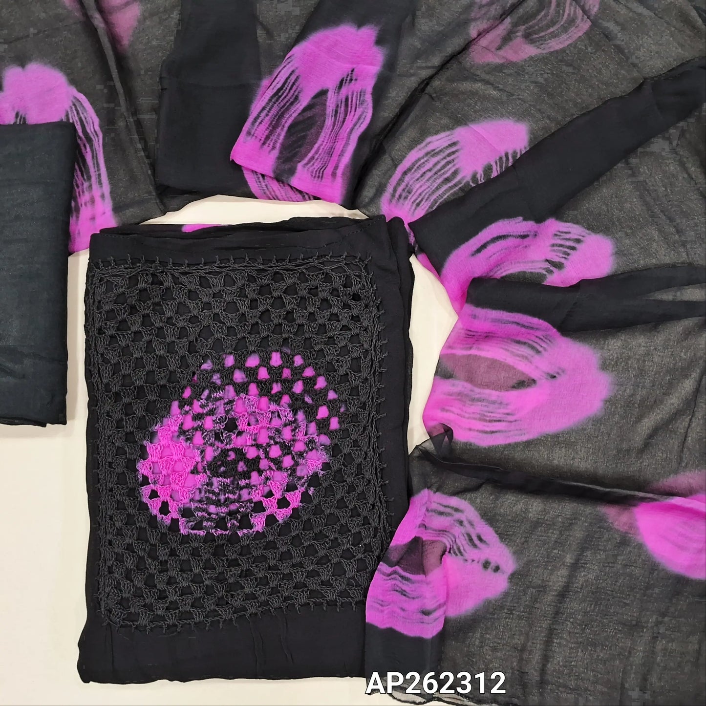 Black shibori dyed crepe georgette unstitched salwar material, hand crochet work and shibori dyed on yoke(PINK)(lining needed)santoon bottom, shibori dyed premium chiffon dupatta. AP262312