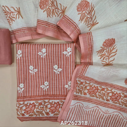 Pastel pink semi linen unstitched salwar material,vertical printed and embroidery work on front, (lining needed)drum dyed cotton fabric provided for lining , NO BOTTOM, floral printed semi linen dupatta. AP262318