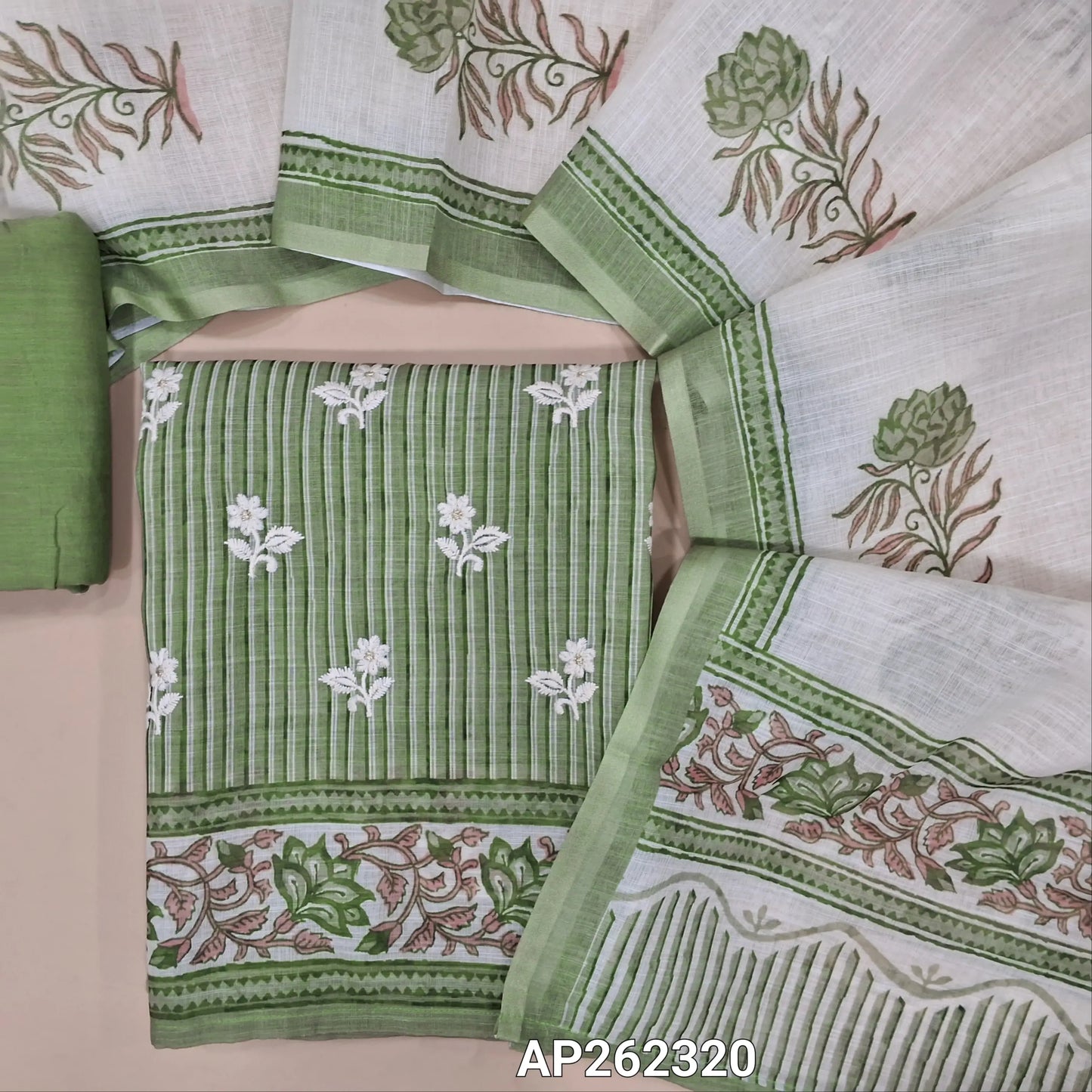 Sage green semi linen unstitched salwar material,vertical printed and embroidery work on front, (lining needed)drum dyed cotton fabric provided for lining , NO BOTTOM, floral printed semi linen dupatta. AP262320