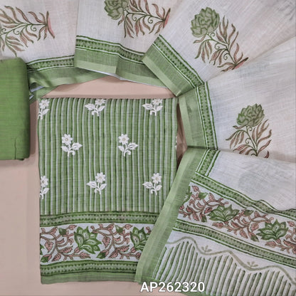Sage green semi linen unstitched salwar material,vertical printed and embroidery work on front, (lining needed)drum dyed cotton fabric provided for lining , NO BOTTOM, floral printed semi linen dupatta. AP262320