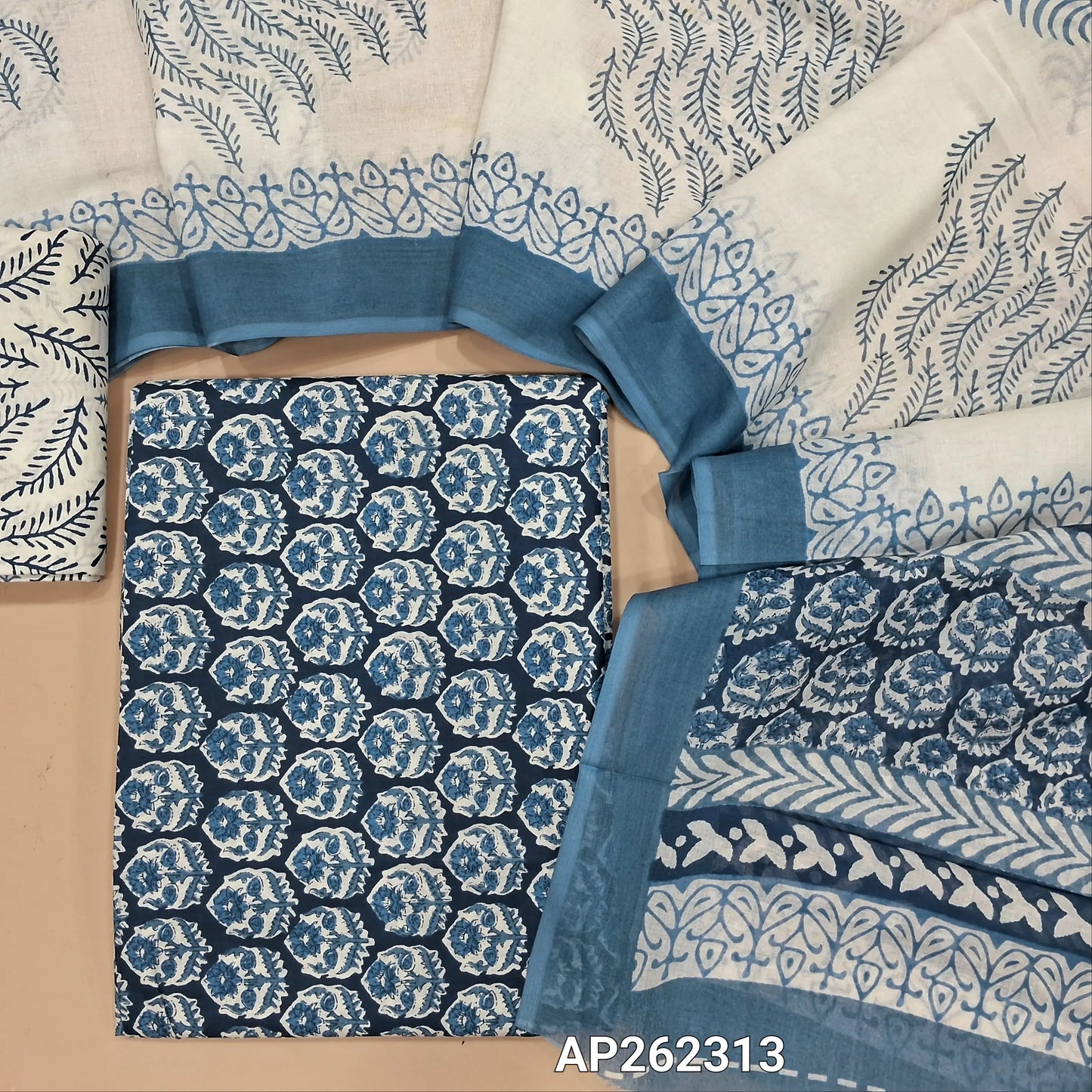 Dark blue hand block printed pure mul cotton unstitched salwar material, (lining needed) hand block printed cotton bottom,block printed full length mul cotton dupatta.(TAPING NEEDED, INCONSISTENT PRINTS ARE NOT DEFECTS). AP262313