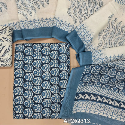 Dark blue hand block printed pure mul cotton unstitched salwar material, (lining needed) hand block printed cotton bottom,block printed full length mul cotton dupatta.(TAPING NEEDED, INCONSISTENT PRINTS ARE NOT DEFECTS). AP262313