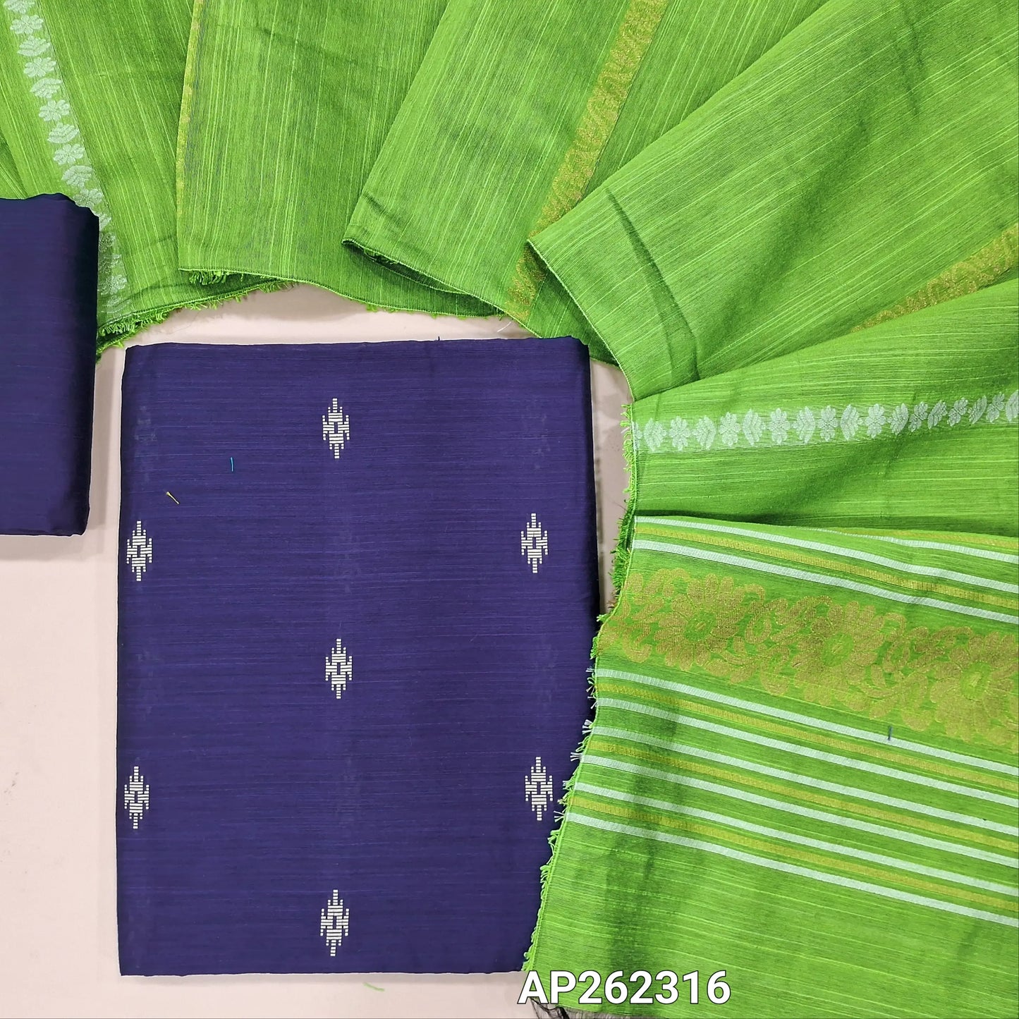 Dark blue slub silk cotton unstitched salwar material, thread weaving all over(lining needed)matching silk cotton bottom, silver and gold zari weaving on slub silk cotton dupatta with pallu(TAPPING NEEDED). AP262316