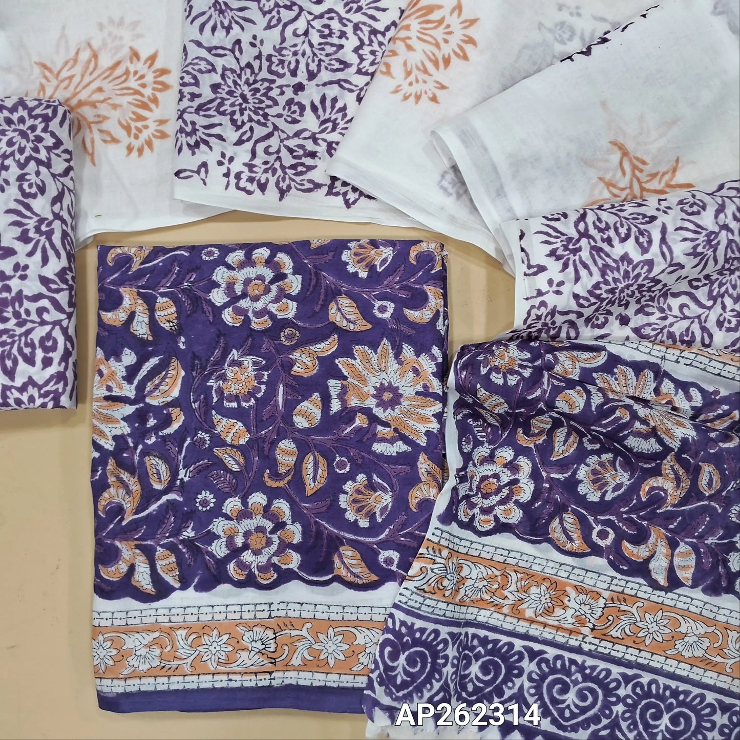 Dark purple hand block printed pure mul cotton unstitched salwar material, (lining needed) hand block printed cotton bottom,block printed full length mul cotton dupatta.(TAPING NEEDED, INCONSISTENT PRINTS ARE NOT DEFECTS). AP262314