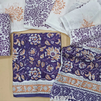 Dark purple hand block printed pure mul cotton unstitched salwar material, (lining needed) hand block printed cotton bottom,block printed full length mul cotton dupatta.(TAPING NEEDED, INCONSISTENT PRINTS ARE NOT DEFECTS). AP262314