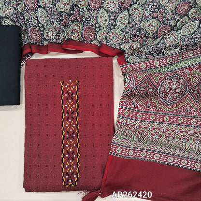 Dark maroon schiffli embroidered pure cotton unstitched salwar material(lining needed)hand embroidery, cut work and sequins work on yoke, black drum dyed cotton bottom,printed premium soft mul cotton dupatta. AP262420