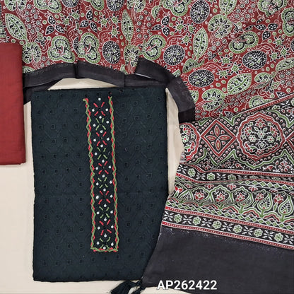 Black schiffli embroidered pure cotton unstitched salwar material(lining needed)hand embroidery, cut work and sequins work on yoke, maroon drum dyed cotton bottom,printed premium soft mul cotton dupatta. AP262422