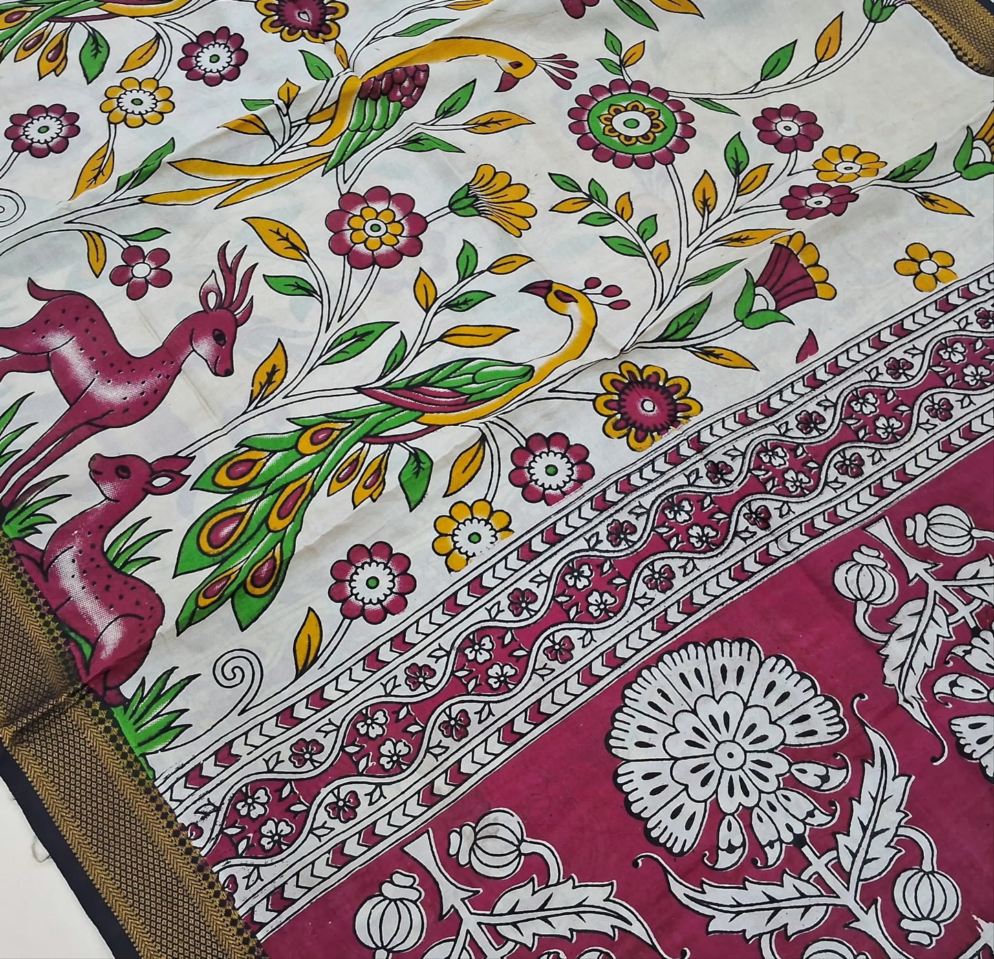 Black premium raw silk unstitched salwar material,thread weaving buttas all over, (textured, Lining needed) greyish beige silk bottom, pen kalamkari chennuri silk dupatta with nizam borders (INCONSISTENT STAINS ARE NOT DEFECTS). AP262412