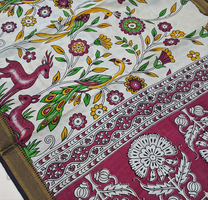 Black premium raw silk unstitched salwar material,thread weaving buttas all over, (textured, Lining needed) greyish beige silk bottom, pen kalamkari chennuri silk dupatta with nizam borders (INCONSISTENT STAINS ARE NOT DEFECTS). AP262412