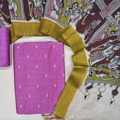 Lotus pink premium raw silk unstitched salwar material,thread weaving buttas all over, (textured, Lining needed) matching silk bottom, pen kalamkari chennuri silk dupatta with nizam borders (INCONSISTENT STAINS ARE NOT DEFECTS). AP262413