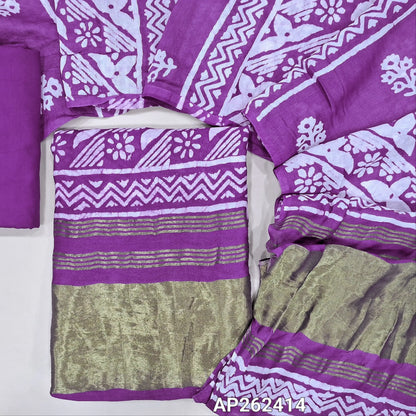 Dark purple original wax batik dyed fancy silk cotton unstitched salwar material(lining needed) tissue borders on daman, matching cotton bottom, batik dyed fancy silk cotton dupatta with tissue pallu. AP262414