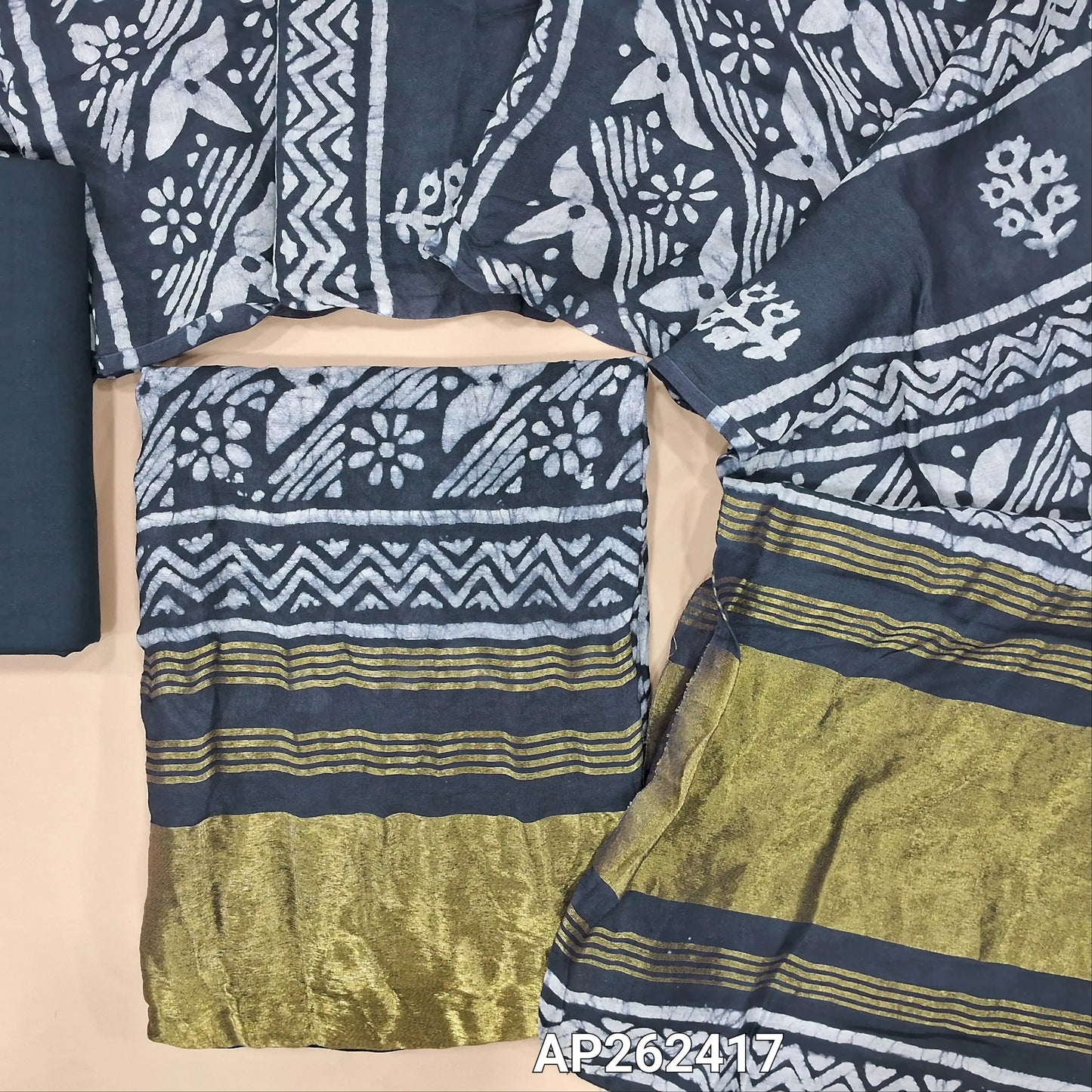 Dark blue original wax batik dyed fancy silk cotton unstitched salwar material(lining needed) tissue borders on daman, matching cotton bottom, batik dyed fancy silk cotton dupatta with tissue pallu. AP262417