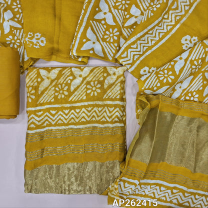 Mehandhi yellow original wax batik dyed fancy silk cotton unstitched salwar material(lining needed) tissue borders on daman, matching cotton bottom, batik dyed fancy silk cotton dupatta with tissue pallu. AP262415