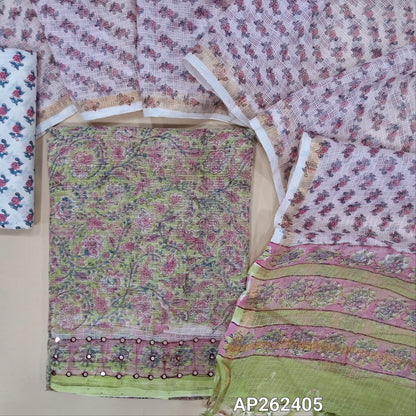 Light green hand block premium kota unstitched salwar material,faux mirror on daman,(Lining Needed)block printed cotton bottom, hand block printed pure kota dupatta(TAPINGS NEEDED, INCONSISTENT PRINTS ARE NOT DEFECTS). AP262405